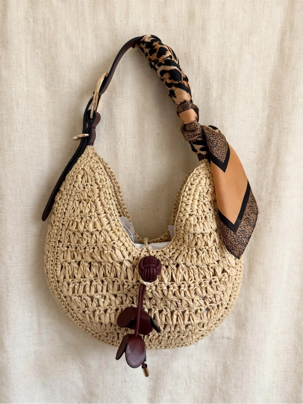 H&M Natural Straw Shoulder Bag with Leopard-Print Scarf Accent